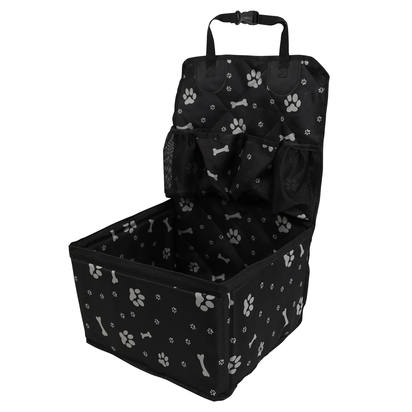 Seggiolino auto booster per cani di piccola taglia disponibile nei colori nero e rosa, posizionato sul sedile anteriore, con tasche laterali e materiale resistente antigraffio.