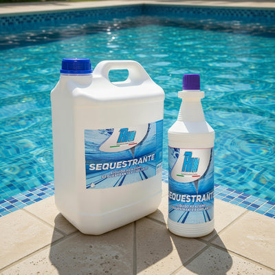 Flacone e tanica di sequestrante e chelante liquido professionale per piscina, disponibile in formati da 1kg a 20kg. Ideale per prevenire macchie di ferro e calcare in piscina.