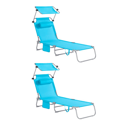 Set 2 lettini prendisole pieghevoli in metallo e tessuto sintetico traspirante, colore Sky Blue, con tettuccio parasole regolabile e cuscino poggiatesta, portata 150kg.