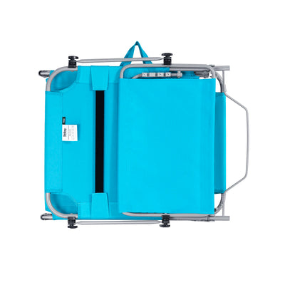 Set 2 lettini prendisole pieghevoli in metallo e tessuto sintetico traspirante, colore Sky Blue, con tettuccio parasole regolabile e cuscino poggiatesta, portata 150kg.