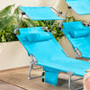 Set 2 lettini prendisole pieghevoli in metallo e tessuto sintetico traspirante, colore Sky Blue, con tettuccio parasole regolabile e cuscino poggiatesta, portata 150kg.