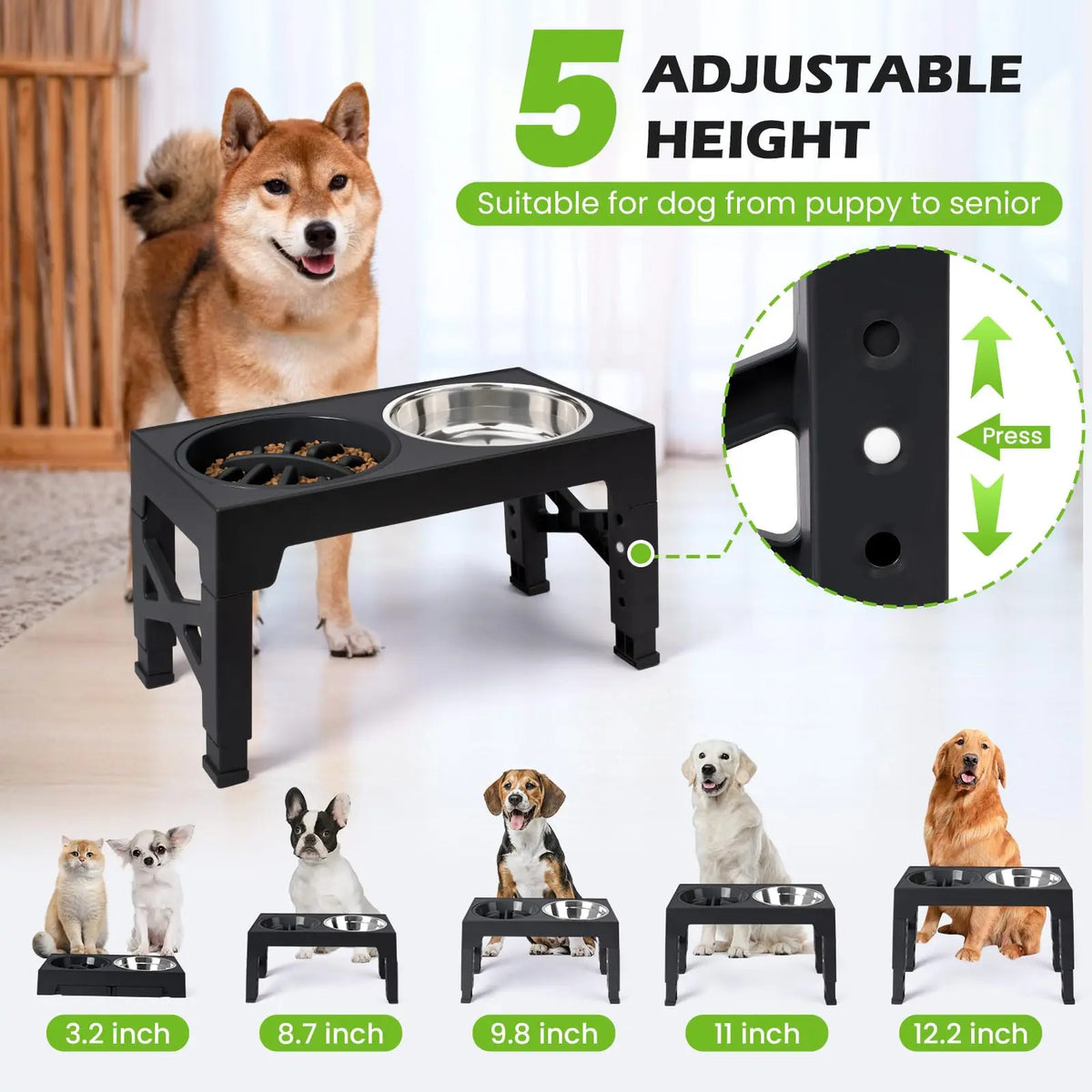 Ciotole Rialzate per Cani con Supporto Regolabile e 2 Ciotole in Acciaio Inox