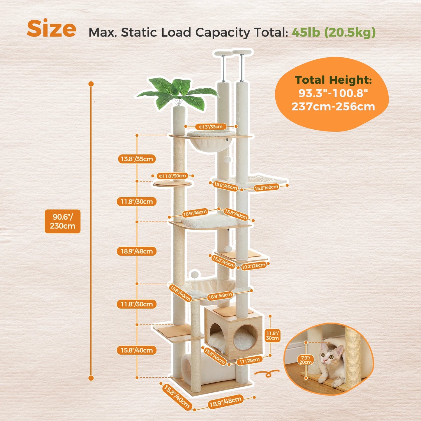 Tiragraffi Soffitto-Pavimento in Legno – Albero per Gatti Regolabile Multipiano con Amaca XL, Cuccia e Pali in Sisal