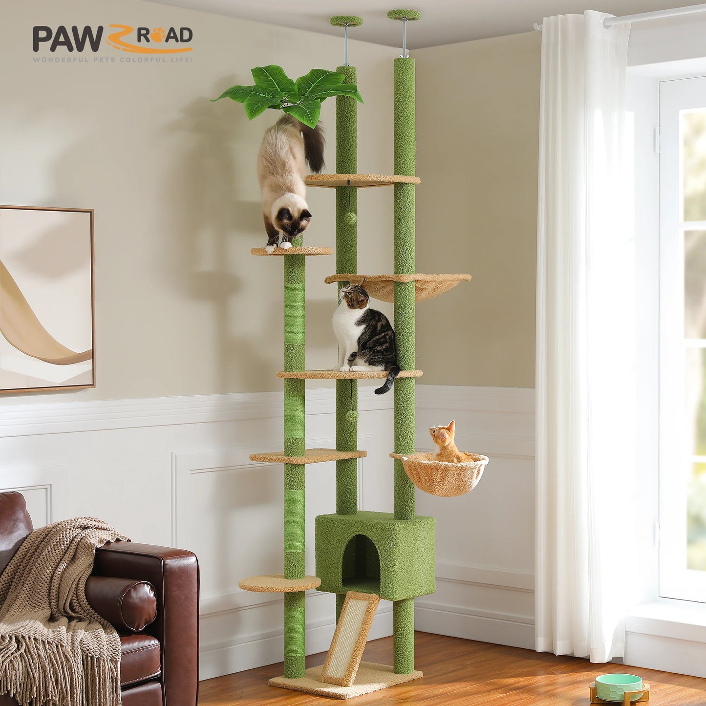 Tiragraffi Albero per Gatti da Pavimento a Soffitto | Cat Tree Regolabile con Cuccia, Amaca e Pali in Sisal