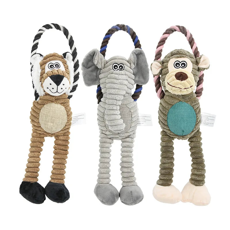 Gioco Premium per Cani | Peluche Animale (Scimmia/Leone/Elefante) con Corda in Nylon Resistente e Squittio