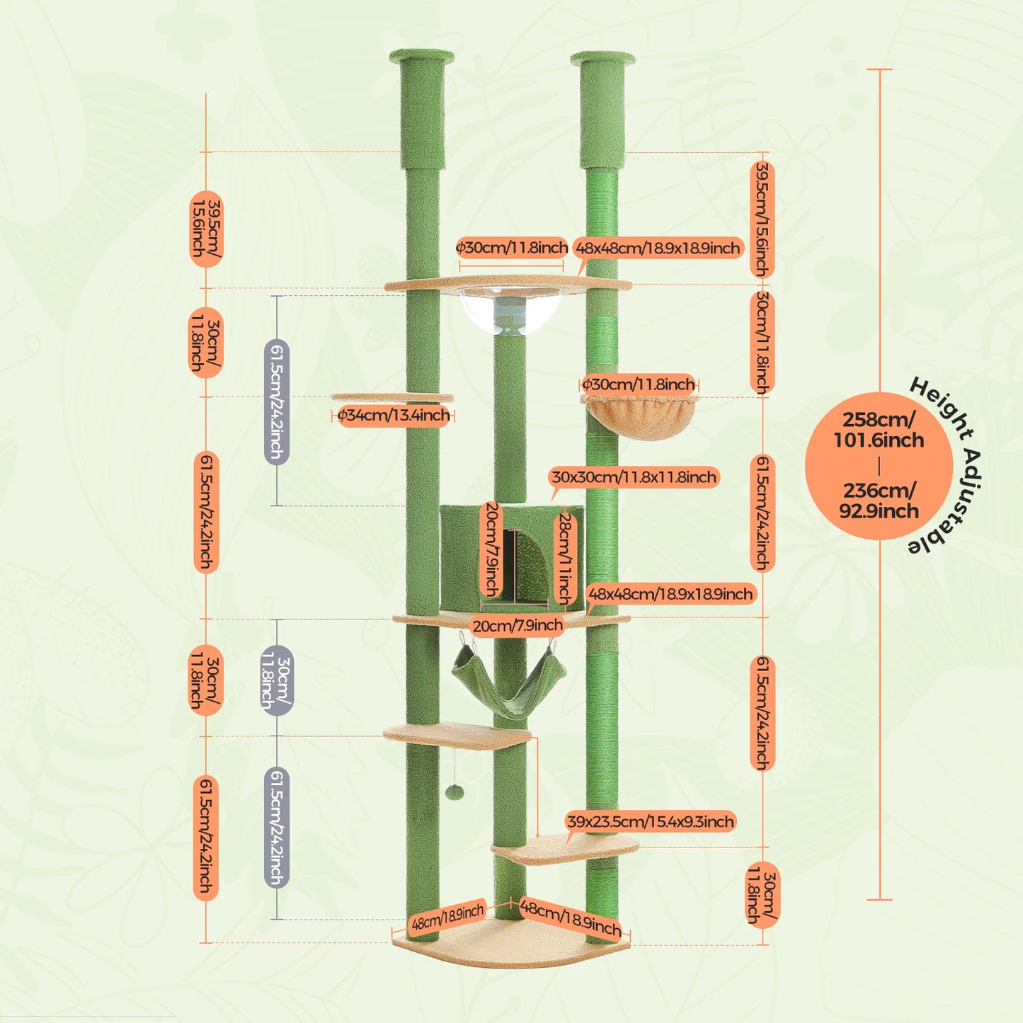 Tiragraffi Albero per Gatti da Pavimento a Soffitto | Cat Tree Regolabile con Cuccia, Amaca e Pali in Sisal