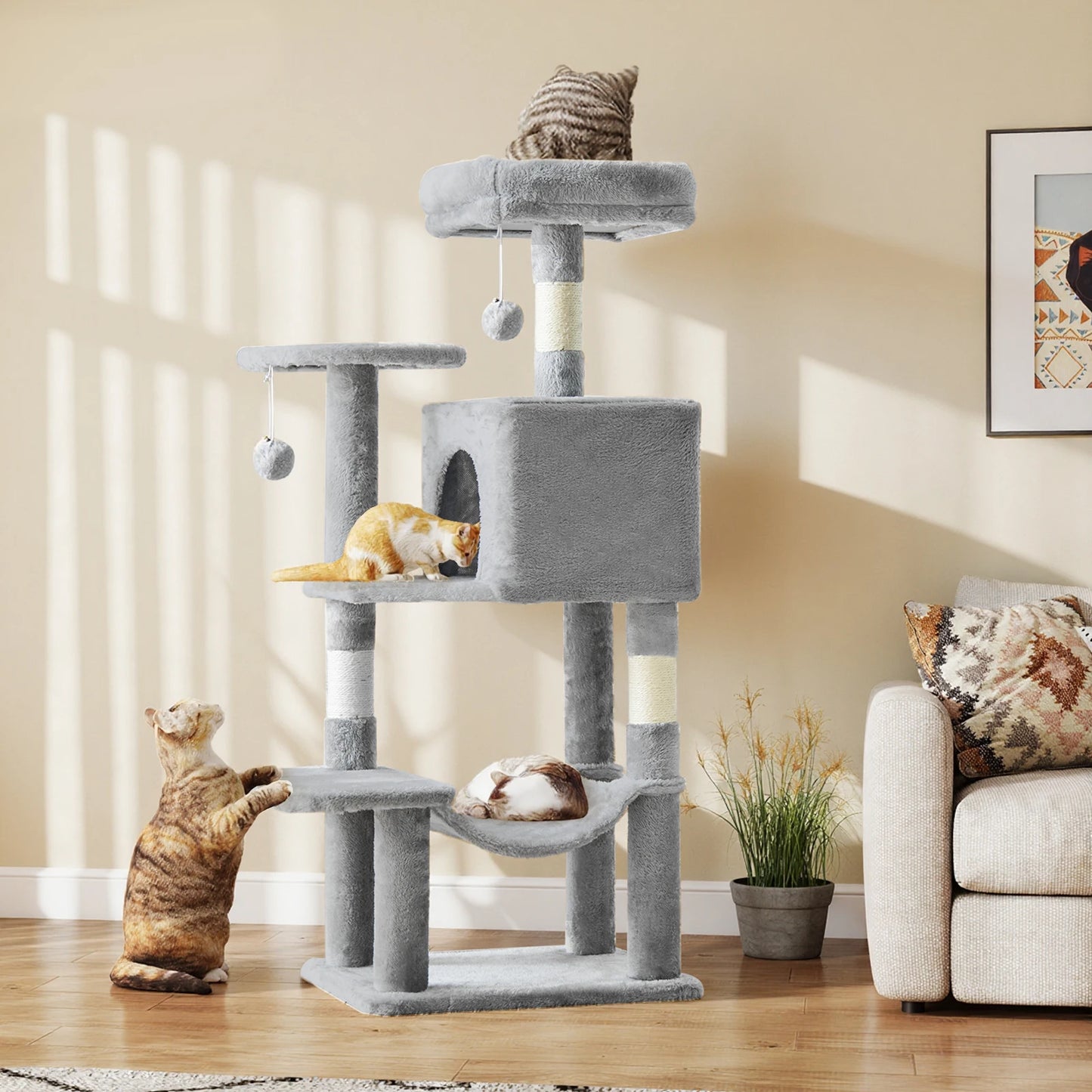 Tiragraffi per Gatti Multi-Livello 112 cm con Cuccia, Amaca, Piattaforme e Tiragraffi in Sisal