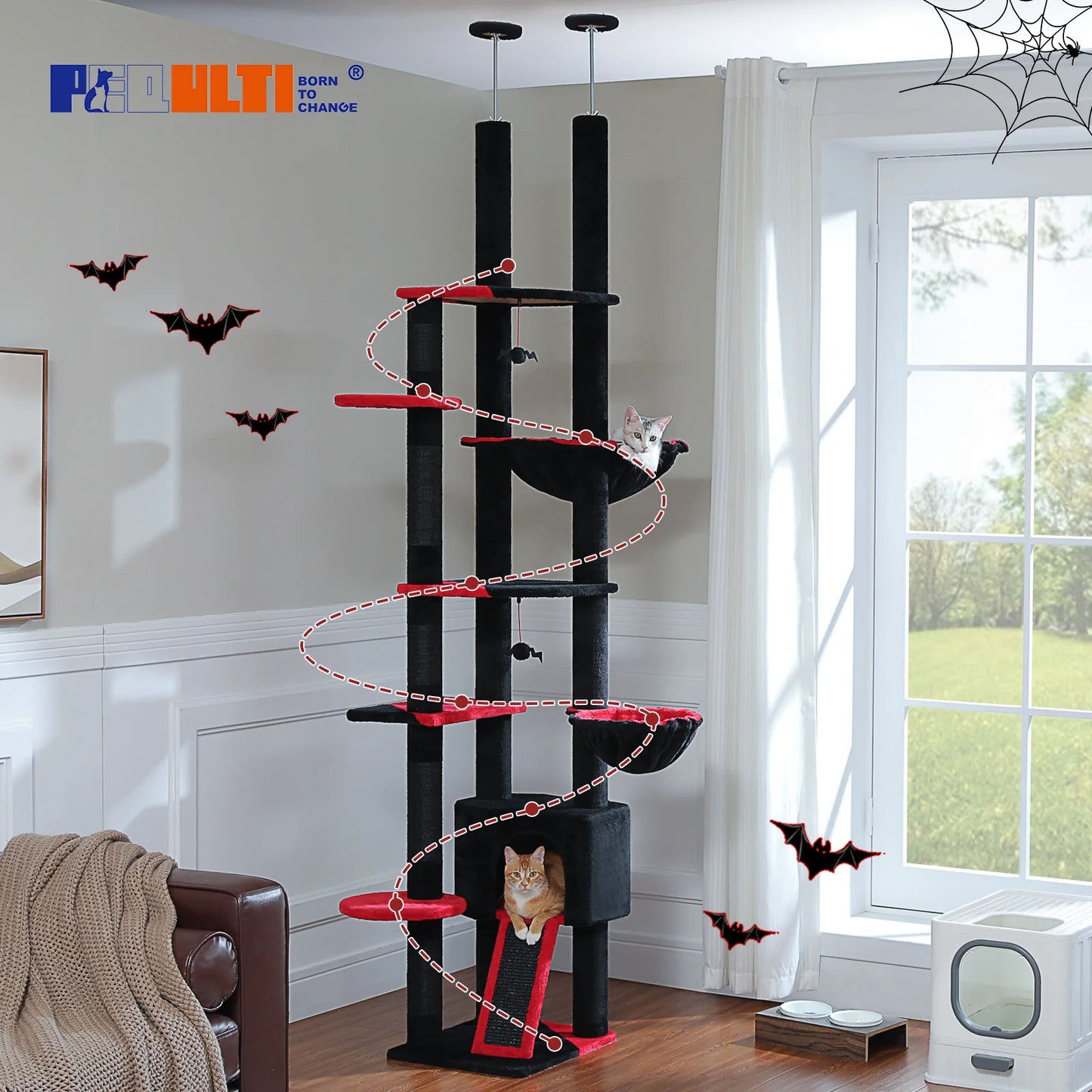Tiragraffi Albero per Gatti da Pavimento a Soffitto | Cat Tree Regolabile con Cuccia, Amaca e Pali in Sisal