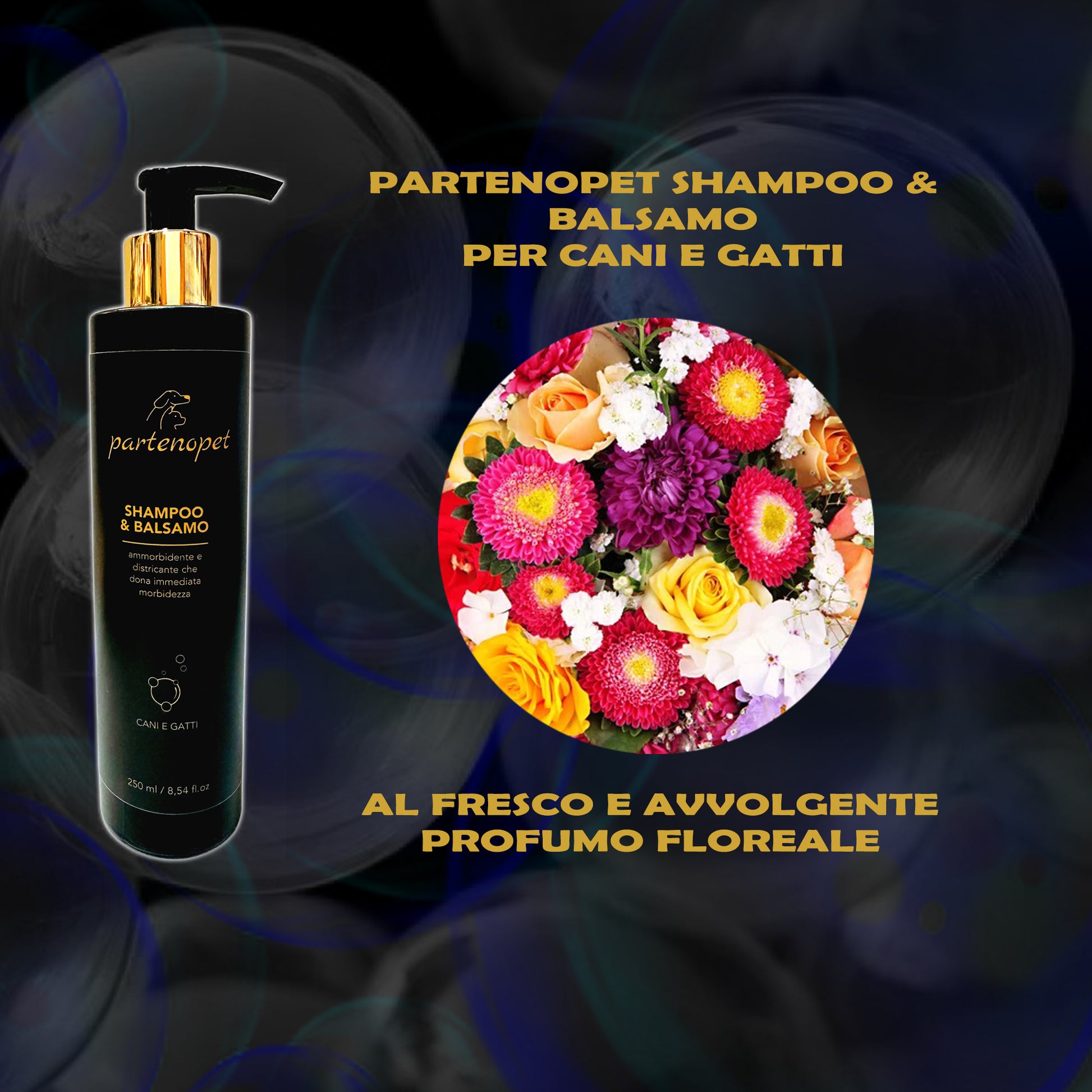 Partenopet Shampoo & Balsamo per Cani e Gatti con Cheratina Oli Essenziali ed Estratti vegetali Profumazione Floreale 250 ml - Partenopet