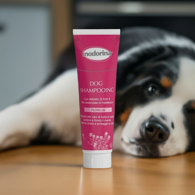 Tubo di shampoo per cani Indorina per tutte le razze con estratto di timo e olio essenziale di maleleuca