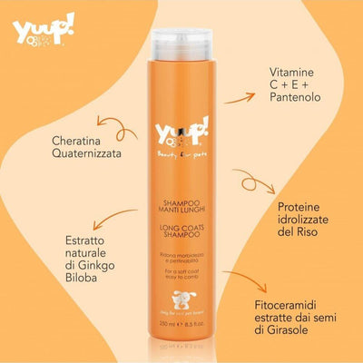 Una bottiglia di shampoo per cani dal pelo lungo Yuup da 250 ml