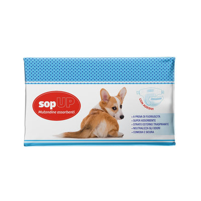 Confezione di mutandine assorbenti per cani Sop Up, pannolini igienici per incontinenza e calore, disponibili in varie taglie dalla XS alla XL.
