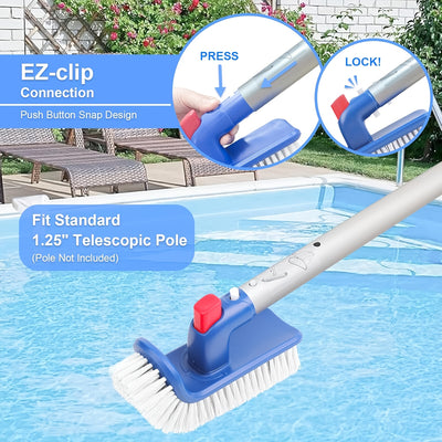 Spazzola per angoli piscina bianca e blu con testina rotante a 90 gradi, design curvo e setole durevoli, ideale per la pulizia di gradini e angoli difficili della piscina e spa.
