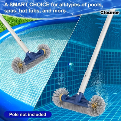 Spazzola professionale per piscina con estremità arrotondate e setole blu resistenti, impugnatura ergonomica a 45 gradi, ideale per pulire angoli e pareti di piscine e spa.