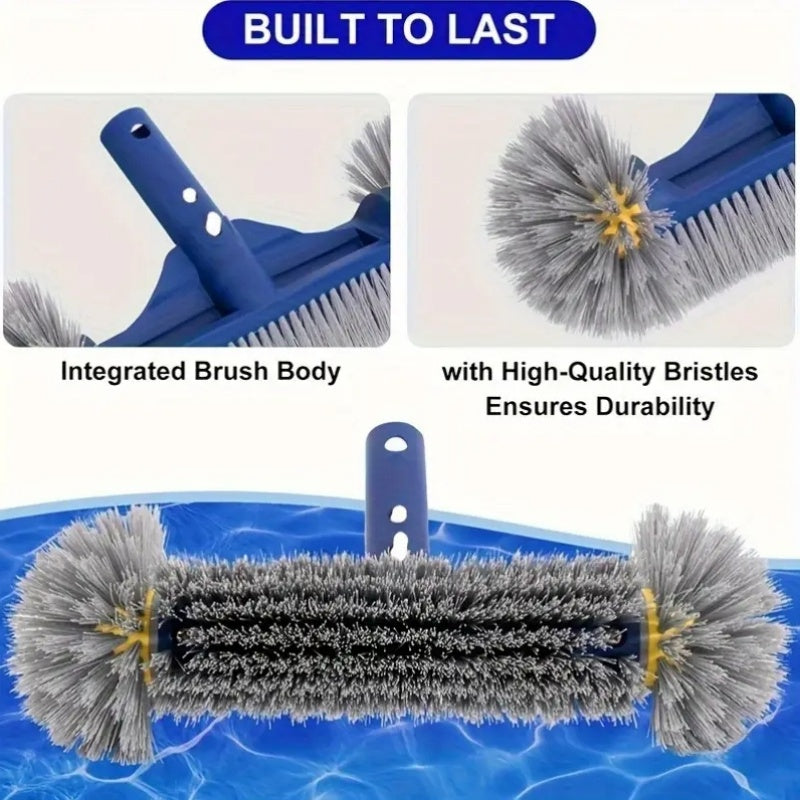 Spazzola professionale per piscina con estremità arrotondate e setole blu resistenti, impugnatura ergonomica a 45 gradi, ideale per pulire angoli e pareti di piscine e spa.