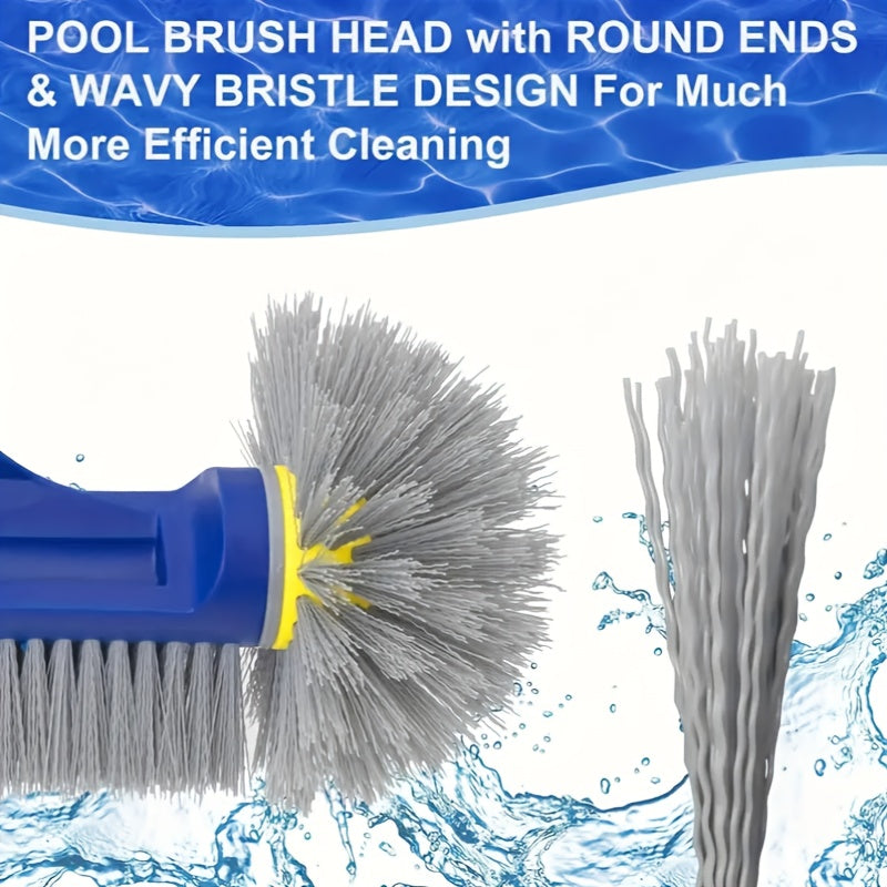 Spazzola professionale per piscina con estremità arrotondate e setole blu resistenti, impugnatura ergonomica a 45 gradi, ideale per pulire angoli e pareti di piscine e spa.