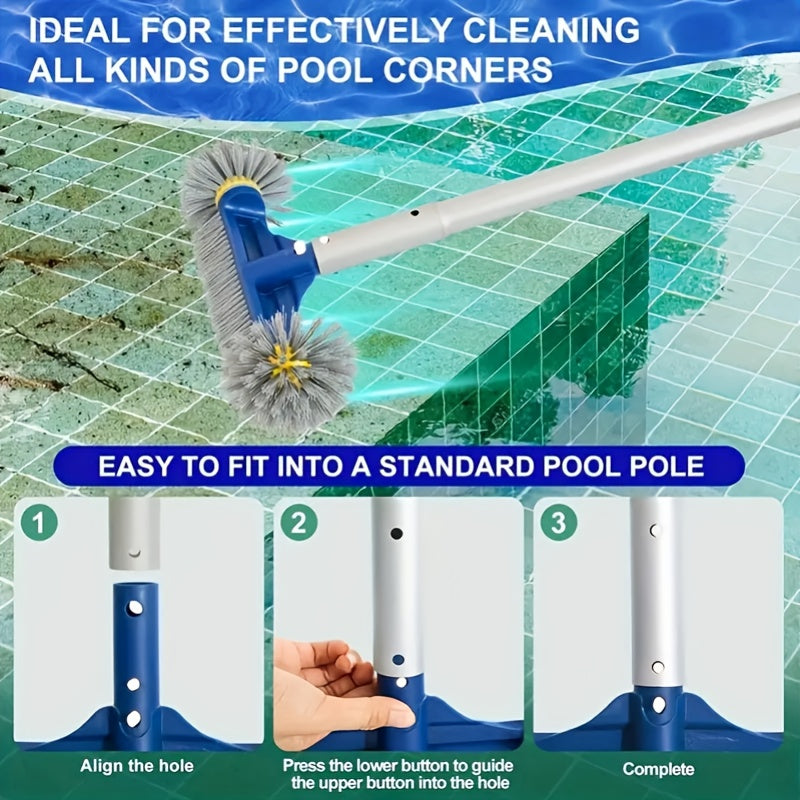 Spazzola professionale per piscina con estremità arrotondate e setole blu resistenti, impugnatura ergonomica a 45 gradi, ideale per pulire angoli e pareti di piscine e spa.