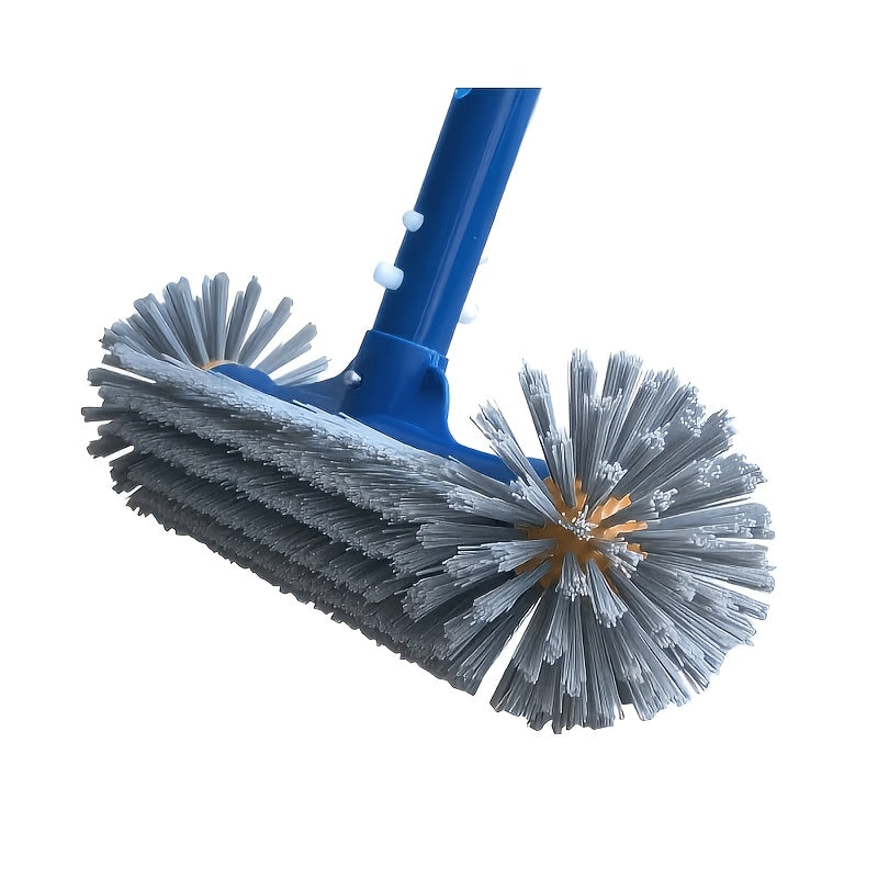 Spazzola professionale per piscina con estremità arrotondate e setole blu resistenti, impugnatura ergonomica a 45 gradi, ideale per pulire angoli e pareti di piscine e spa.