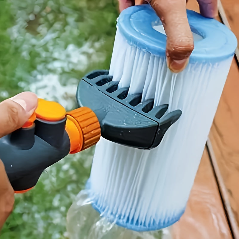 Spazzola pulitore per filtri a cartuccia piscina con attacco per tubo da giardino, impugnatura ergonomica blu e bianca con regolatore di pressione acqua.