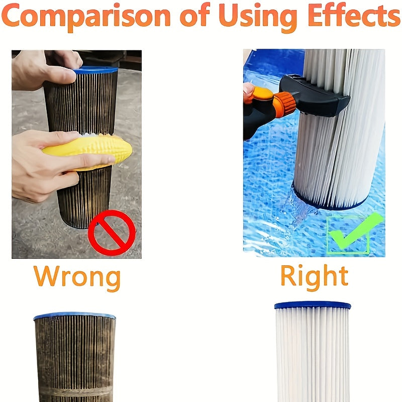 Spazzola pulitore per filtri a cartuccia piscina con attacco per tubo da giardino, impugnatura ergonomica blu e bianca con regolatore di pressione acqua.