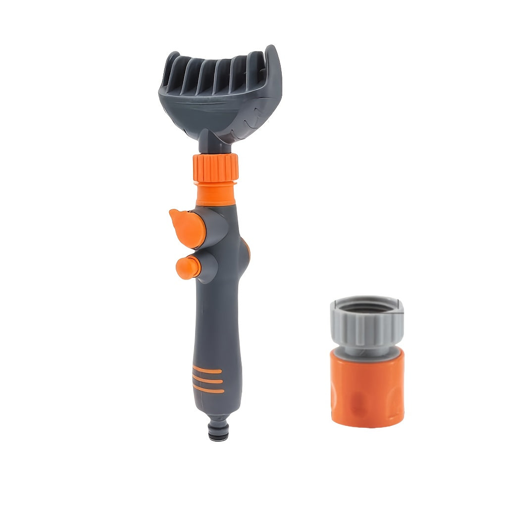 Spazzola pulitore per filtri a cartuccia piscina con attacco per tubo da giardino, impugnatura ergonomica blu e bianca con regolatore di pressione acqua.