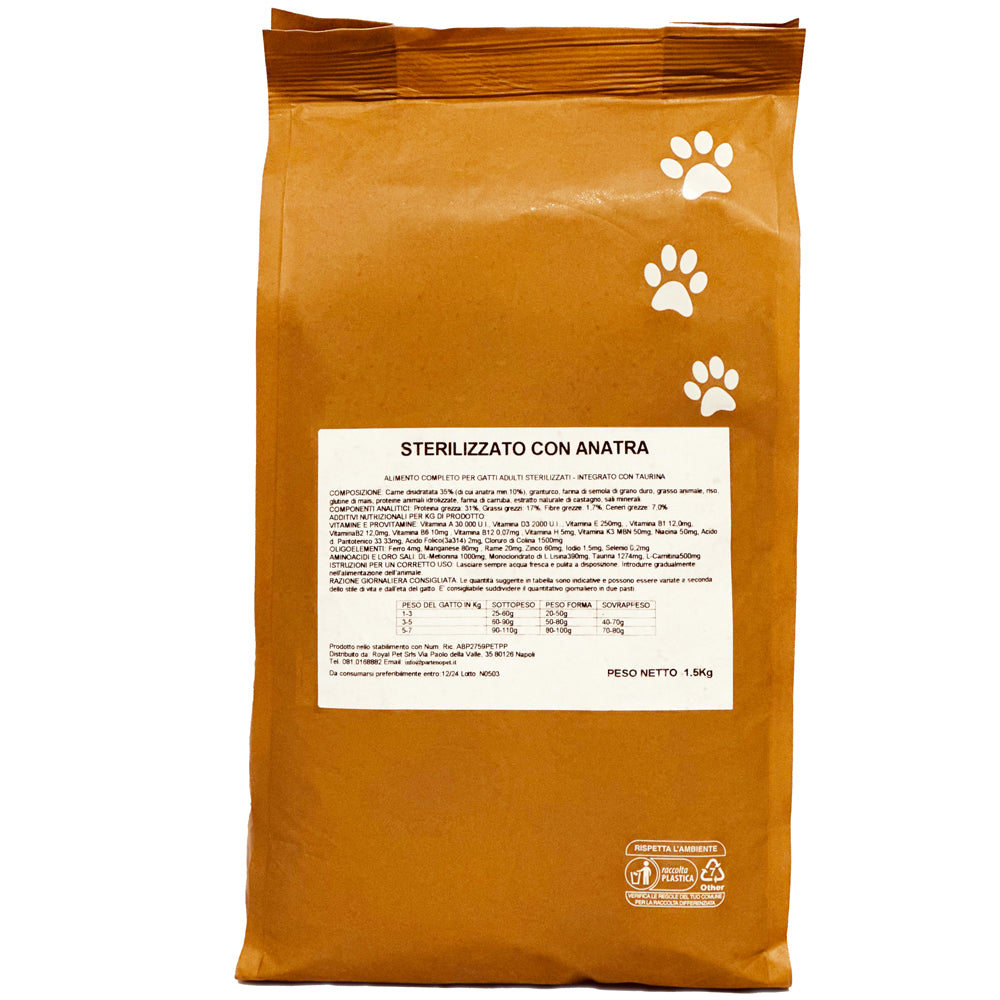 Partenopet Sterilised Cat Anatra Crocchette per Gatti Sterilizzati Pressate a Freddo 1,5 kg - Partenopet