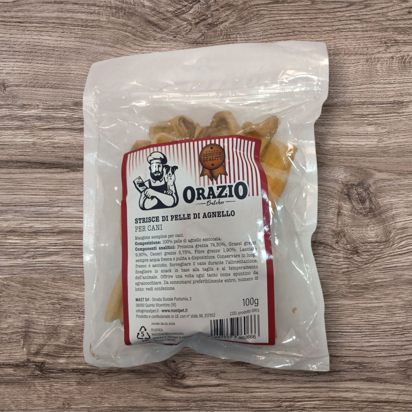 Busta di strisce di pelle di agnello essiccate per cani marca Orazione da 100 g