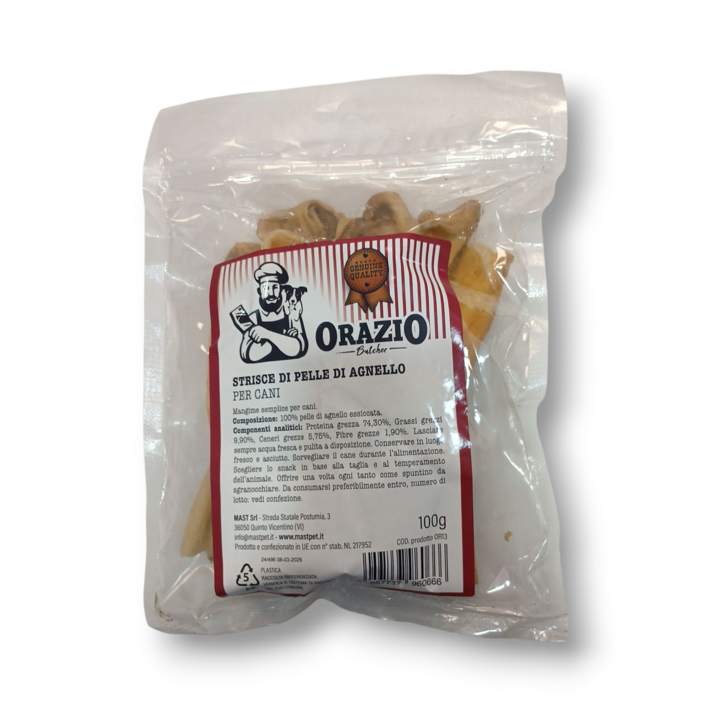 Busta di strisce di pelle di agnello essiccate per cani marca Orazione da 100 g