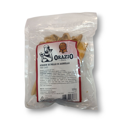 Busta di strisce di pelle di agnello essiccate per cani marca Orazione da 100 g
