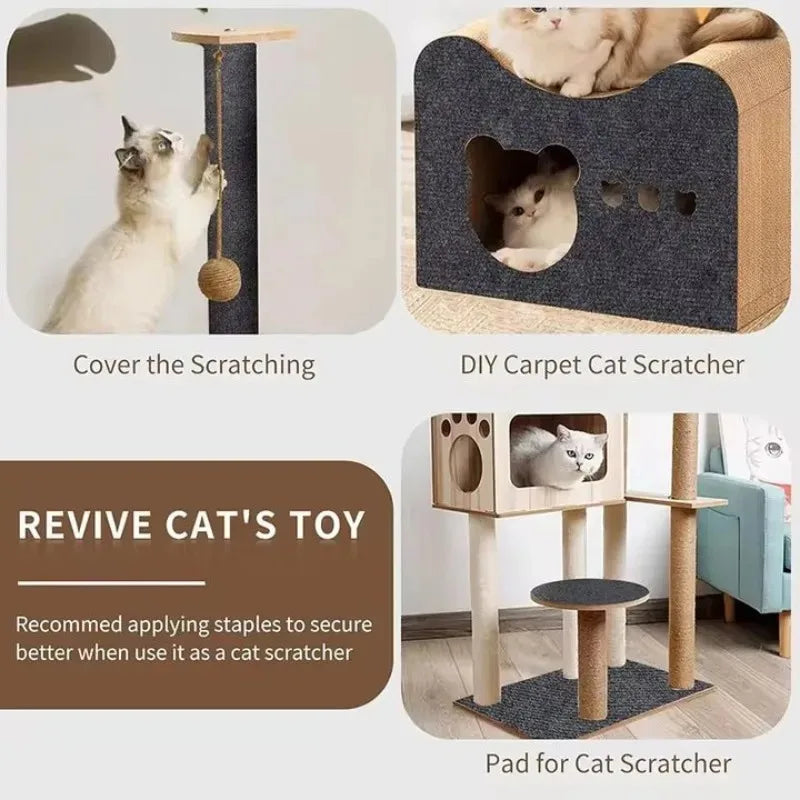 Tappeto tiragraffi autoadesivo di colore grigio scuro applicato sull'angolo di un divano grigio per protezione contro i graffi del gatto, tessuto ritagliabile e resistente.