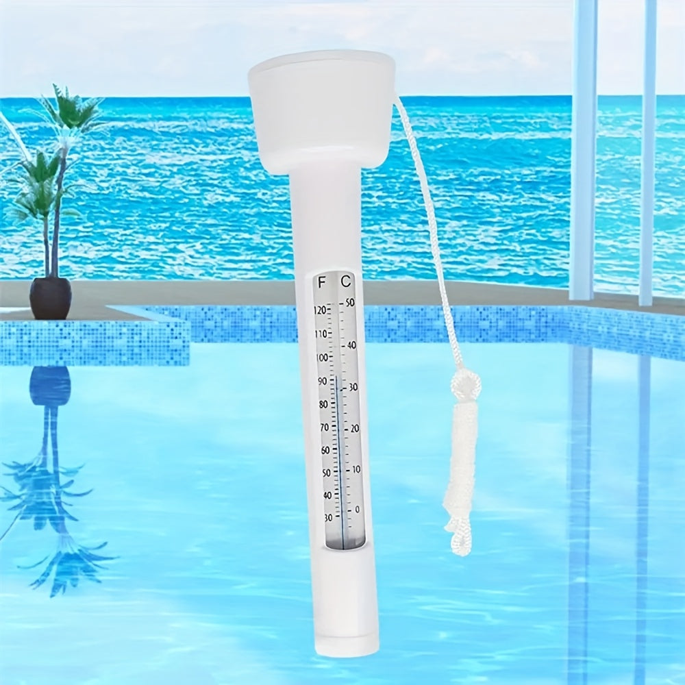 Termometro galleggiante bianco per piscina in plastica con doppia scala Celsius e Fahrenheit, include cavo di fissaggio per bordo piscina.