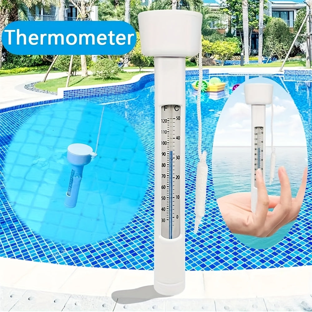 Termometro galleggiante bianco per piscina in plastica con doppia scala Celsius e Fahrenheit, include cavo di fissaggio per bordo piscina.