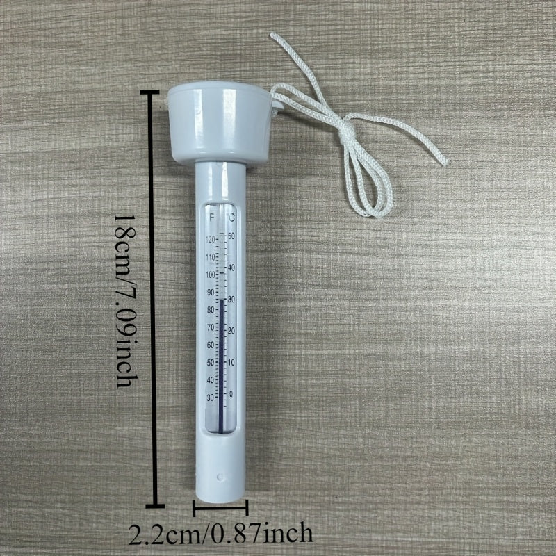 Termometro galleggiante bianco per piscina in plastica con doppia scala Celsius e Fahrenheit, include cavo di fissaggio per bordo piscina.