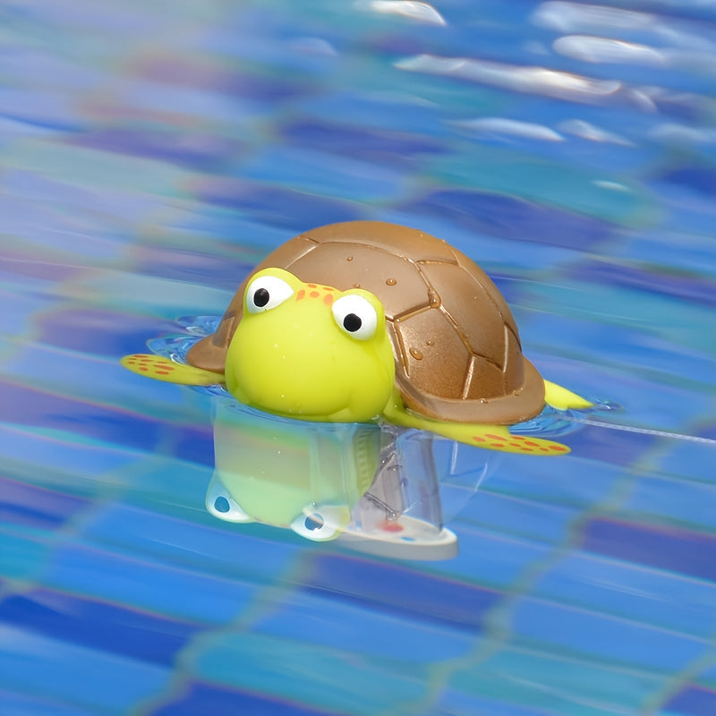 Termometro galleggiante per piscina a forma di tartaruga marina verde, scala graduata Celsius e Fahrenheit, ideale per il monitoraggio della temperatura in spa e acquari.