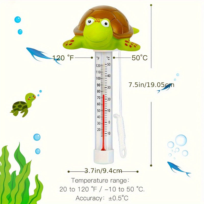 Termometro galleggiante per piscina a forma di tartaruga marina verde, scala graduata Celsius e Fahrenheit, ideale per il monitoraggio della temperatura in spa e acquari.
