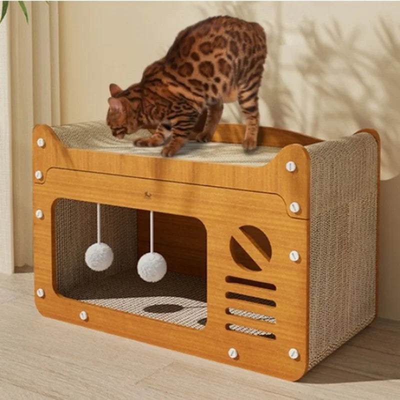 Tiragraffi 2 in 1 per gatti in cartone ondulato, funzione doppia cuccia e graffiatoio, design moderno e salvaspazio a due livelli, disponibile in 4 varianti.