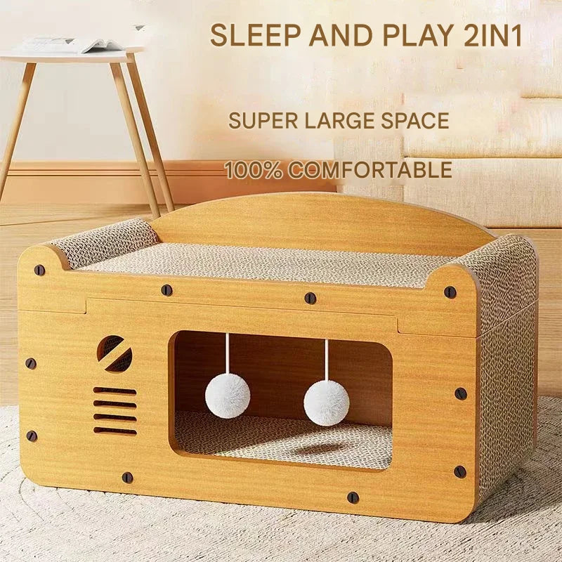 Tiragraffi 2 in 1 per gatti in cartone ondulato, funzione doppia cuccia e graffiatoio, design moderno e salvaspazio a due livelli, disponibile in 4 varianti.