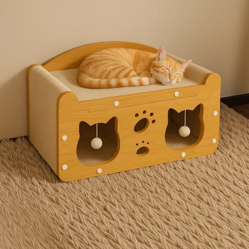 Tiragraffi 2 in 1 per gatti in cartone ondulato, funzione doppia cuccia e graffiatoio, design moderno e salvaspazio a due livelli, disponibile in 4 varianti.