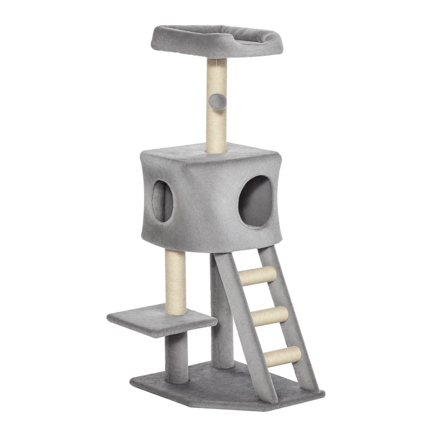 Albero tiragraffi PawHut alto 120 cm colore grigio chiaro, con cuccia centrale, scaletta per arrampicata, tre piattaforme e pallina gioco sospesa per gatti fino a 4.5 kg.