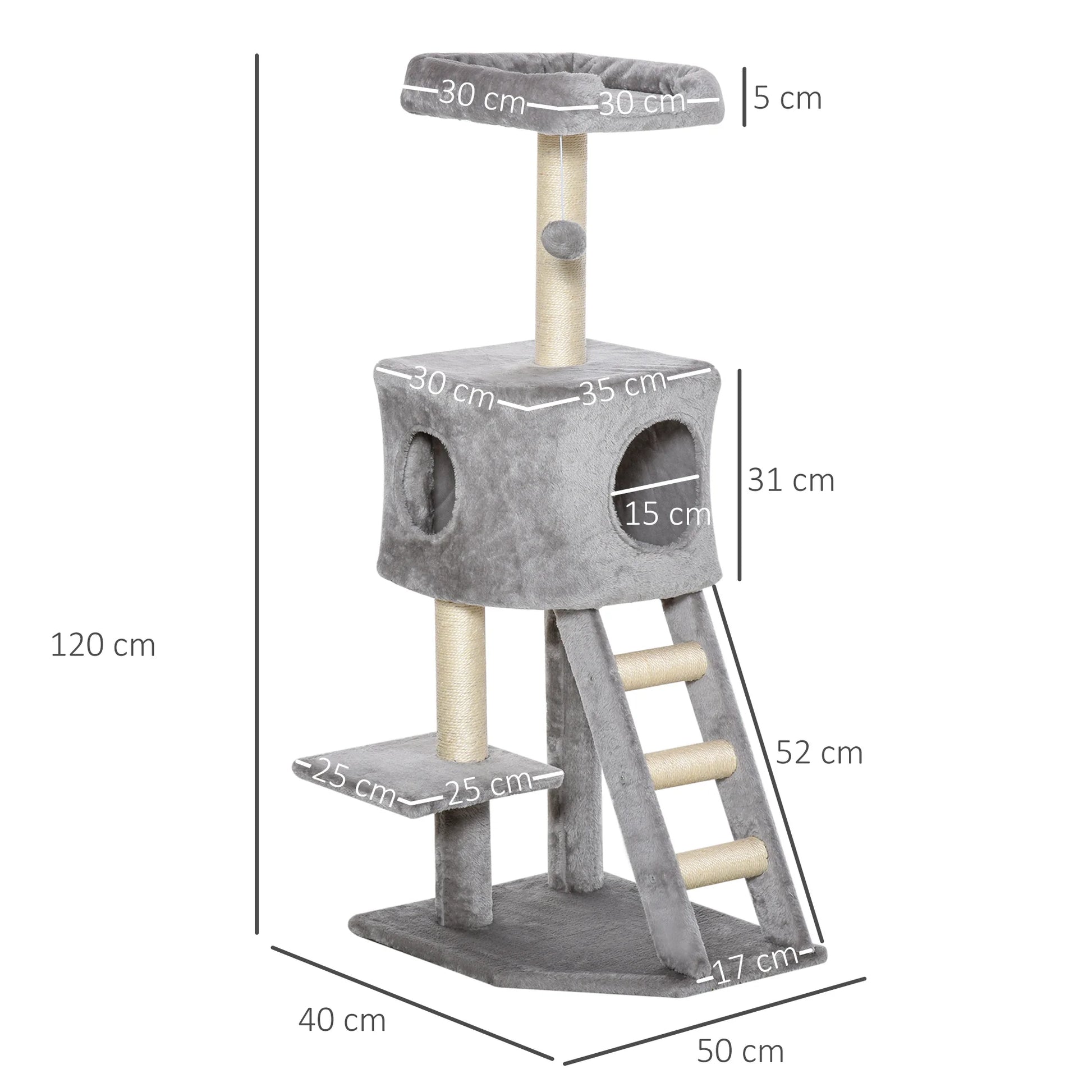 Albero tiragraffi PawHut alto 120 cm colore grigio chiaro, con cuccia centrale, scaletta per arrampicata, tre piattaforme e pallina gioco sospesa per gatti fino a 4.5 kg.