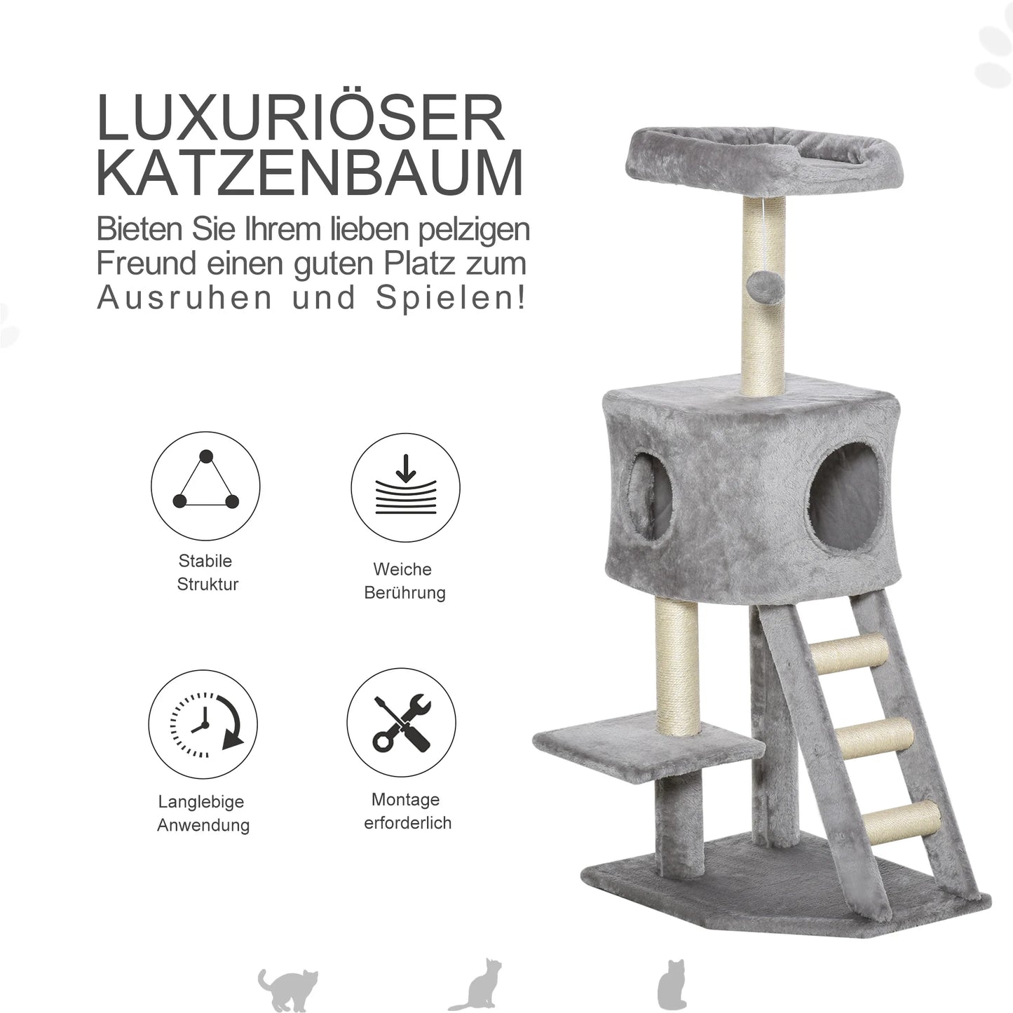 Albero tiragraffi PawHut alto 120 cm colore grigio chiaro, con cuccia centrale, scaletta per arrampicata, tre piattaforme e pallina gioco sospesa per gatti fino a 4.5 kg.