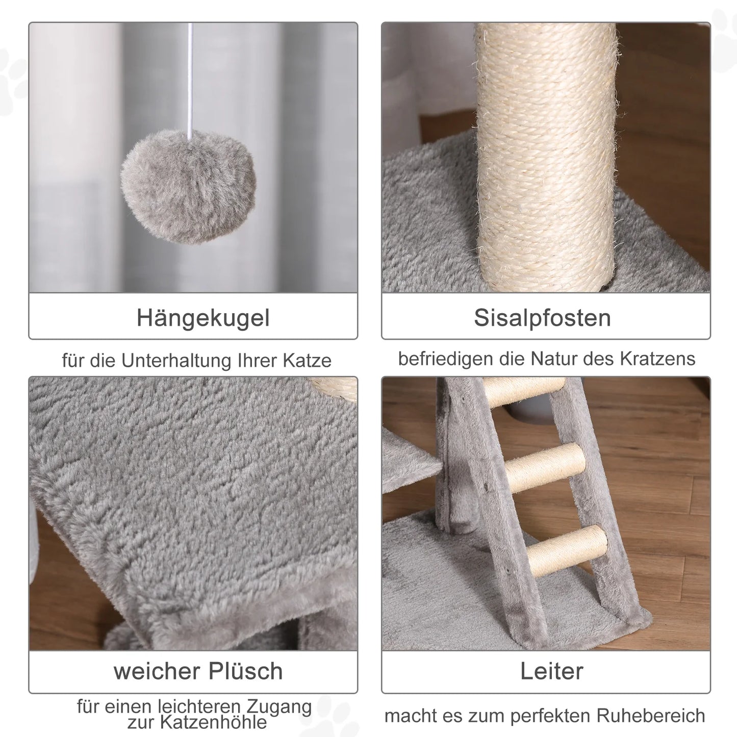 Albero tiragraffi PawHut alto 120 cm colore grigio chiaro, con cuccia centrale, scaletta per arrampicata, tre piattaforme e pallina gioco sospesa per gatti fino a 4.5 kg.