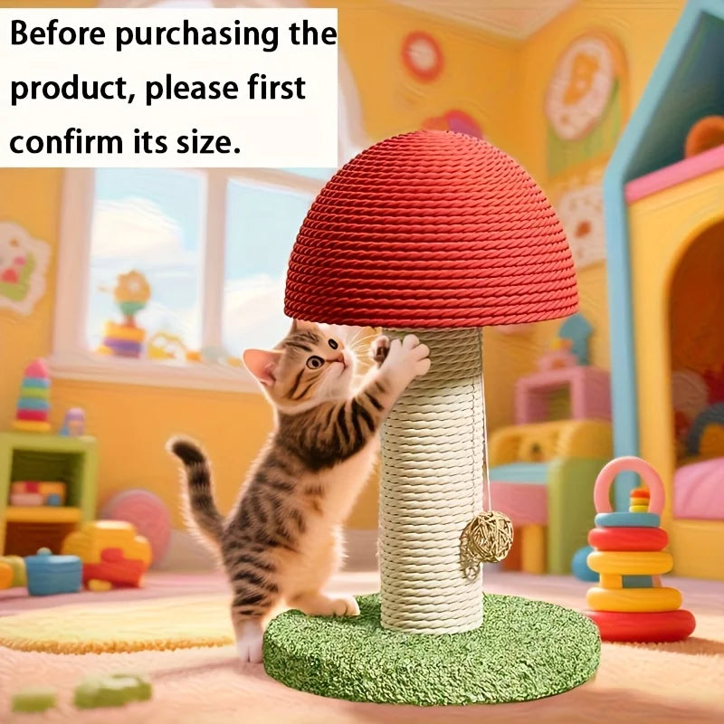 Tiragraffi per gatti a forma di fungo rosso e bianco con colonna in sisal naturale e base verde con pom-pon gioco, design moderno e originale per interni.