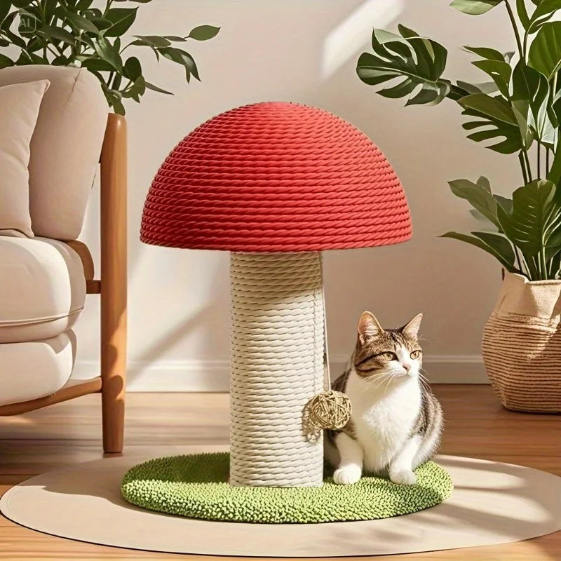 Tiragraffi per gatti a forma di fungo rosso e bianco con colonna in sisal naturale e base verde con pom-pon gioco, design moderno e originale per interni.