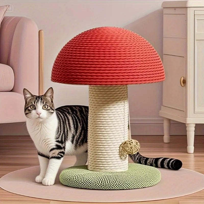 Tiragraffi per gatti a forma di fungo rosso e bianco con colonna in sisal naturale e base verde con pom-pon gioco, design moderno e originale per interni.