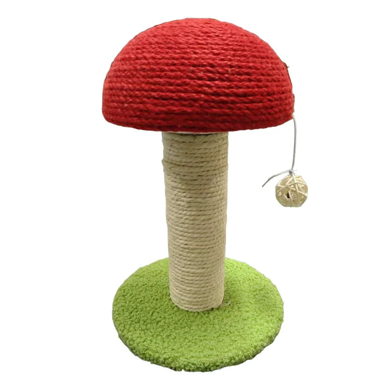 Tiragraffi per gatti a forma di fungo rosso e bianco con colonna in sisal naturale e base verde con pom-pon gioco, design moderno e originale per interni.