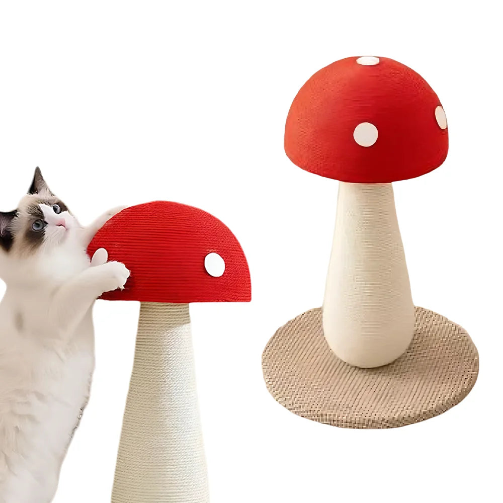 Palo tiragraffi per gatti a forma di fungo rosso con colonna in sisal bianco e base circolare robusta, altezza 54 cm, ideale per la cura delle unghie e come gioco d'arredo.