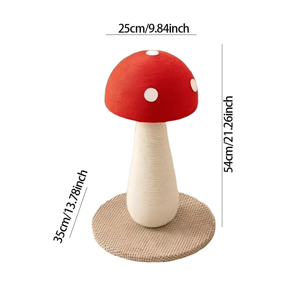 Palo tiragraffi per gatti a forma di fungo rosso con colonna in sisal bianco e base circolare robusta, altezza 54 cm, ideale per la cura delle unghie e come gioco d'arredo.