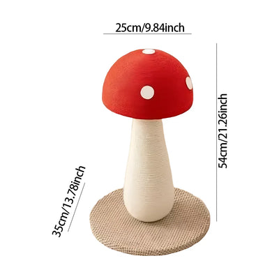 Palo tiragraffi per gatti a forma di fungo rosso con colonna in sisal bianco e base circolare robusta, altezza 54 cm, ideale per la cura delle unghie e come gioco d'arredo.