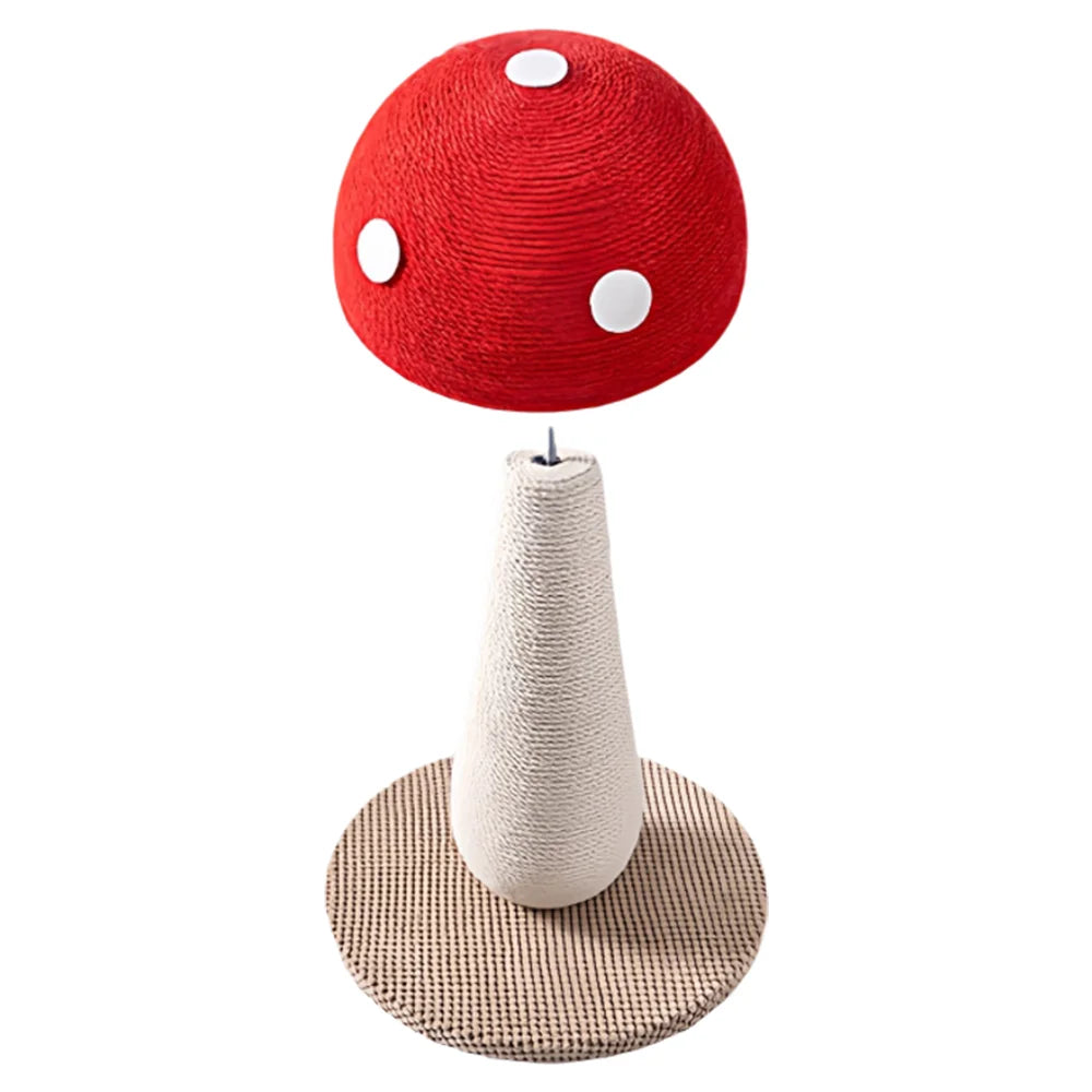 Palo tiragraffi per gatti a forma di fungo rosso con colonna in sisal bianco e base circolare robusta, altezza 54 cm, ideale per la cura delle unghie e come gioco d'arredo.